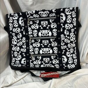Demonia Black and White Skull Messenger Bag